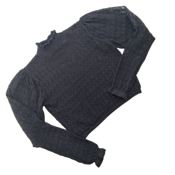 Betsey Johnson VTG Black Open Knit Top Mock Neck Statement Sleeve Victorian 6 M - Picture 4 of 10